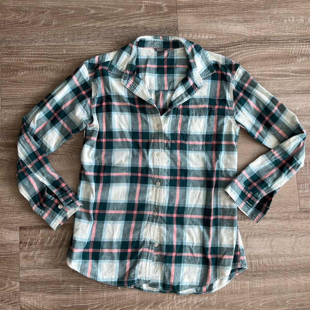 Eddie Bauer XS Women’s Button Down Shirt teal and coral 100% cotton